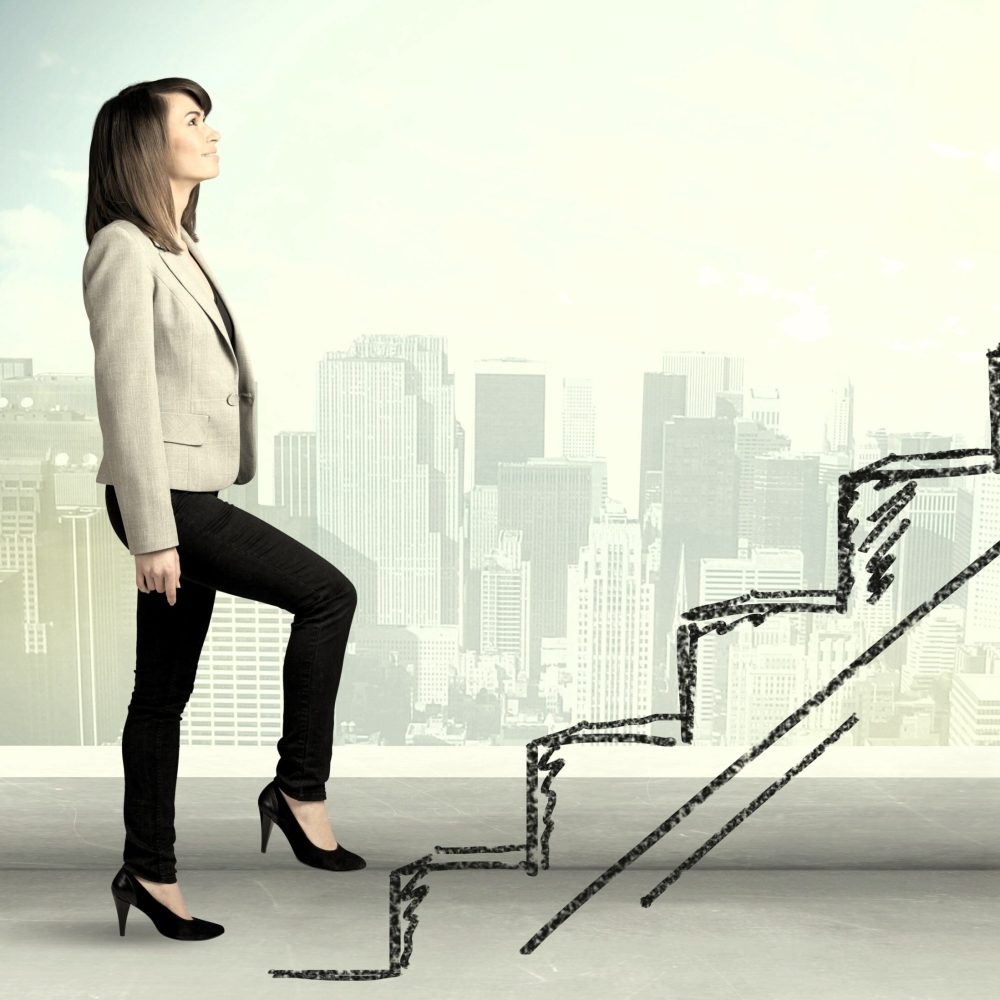 Business woman climbing up on hand drawn staircase concept